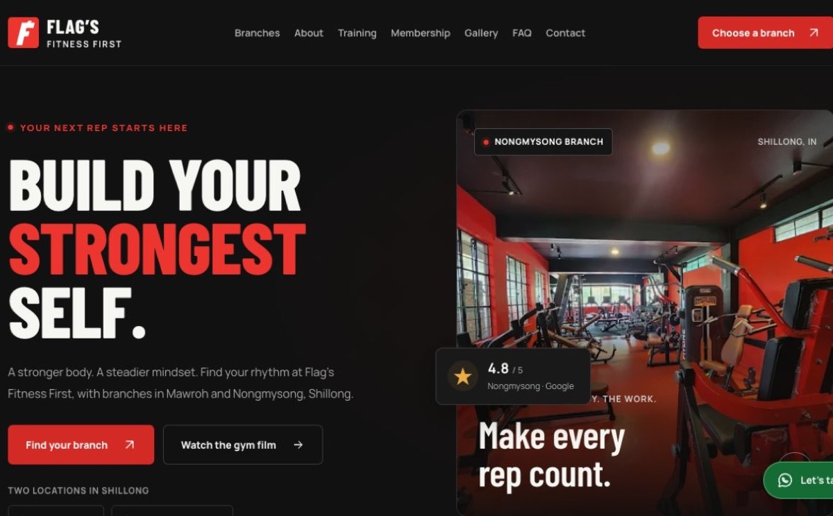 Screenshot of Flag's Fitness First gym website in Shillong