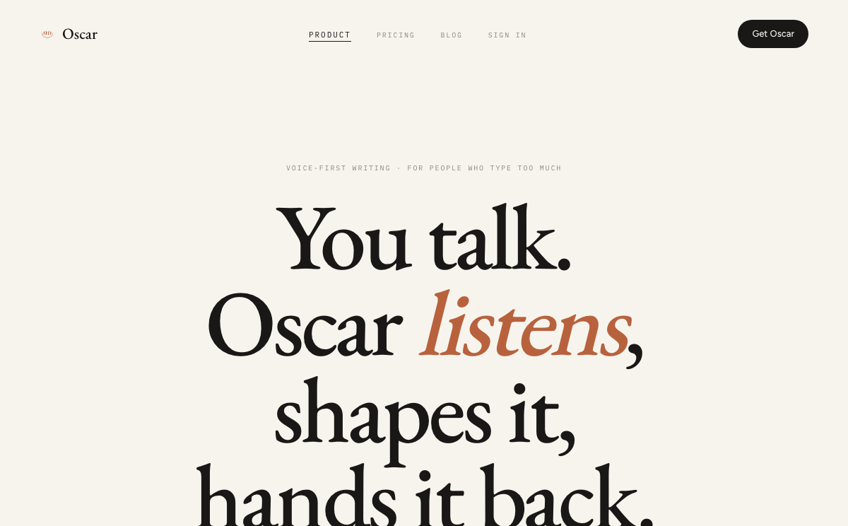 Screenshot of Oscar voice-first writing website